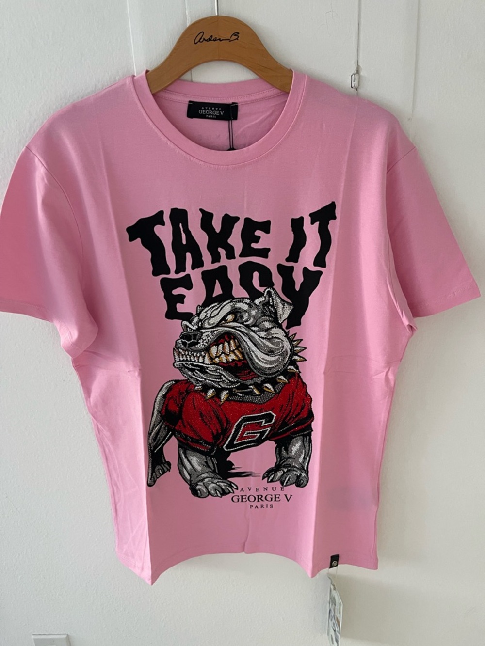 Avenue George V Paris Pink T-shirt rhinestone Bulldog men’s short sleeve shirt